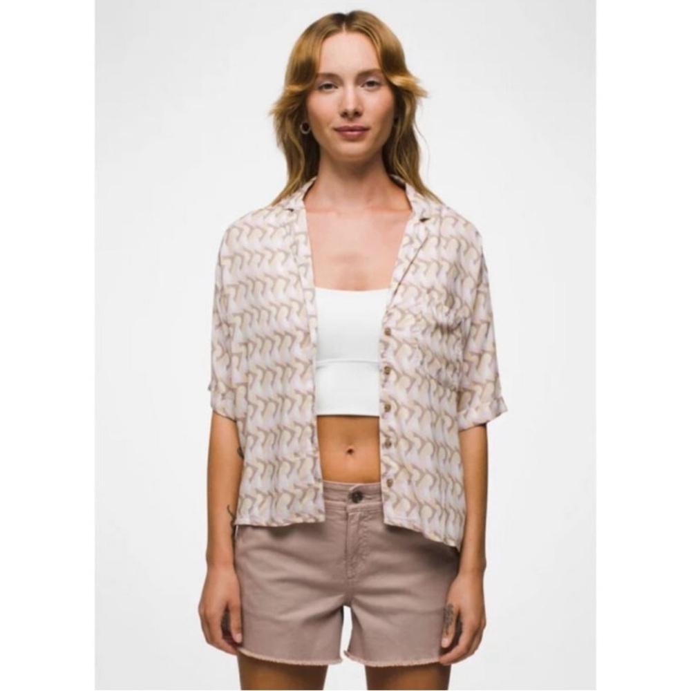 Prana Iguala Button Front Short Sleeve Top In Willow Retro Geo Size Small